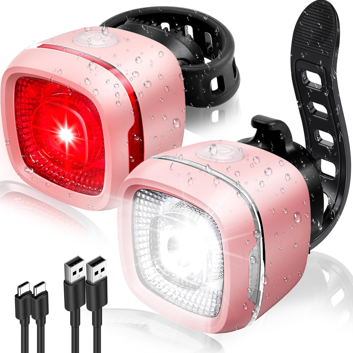 G2FS LITH Bicycle Front & Rear Lights, Type-C Rechargeable LED Bike Light Set, IPX6 Waterproof Flashlight for Night Riding, Safety Headlight Taillight, Kids Girls Children's Bicycle Accessories (Pink)