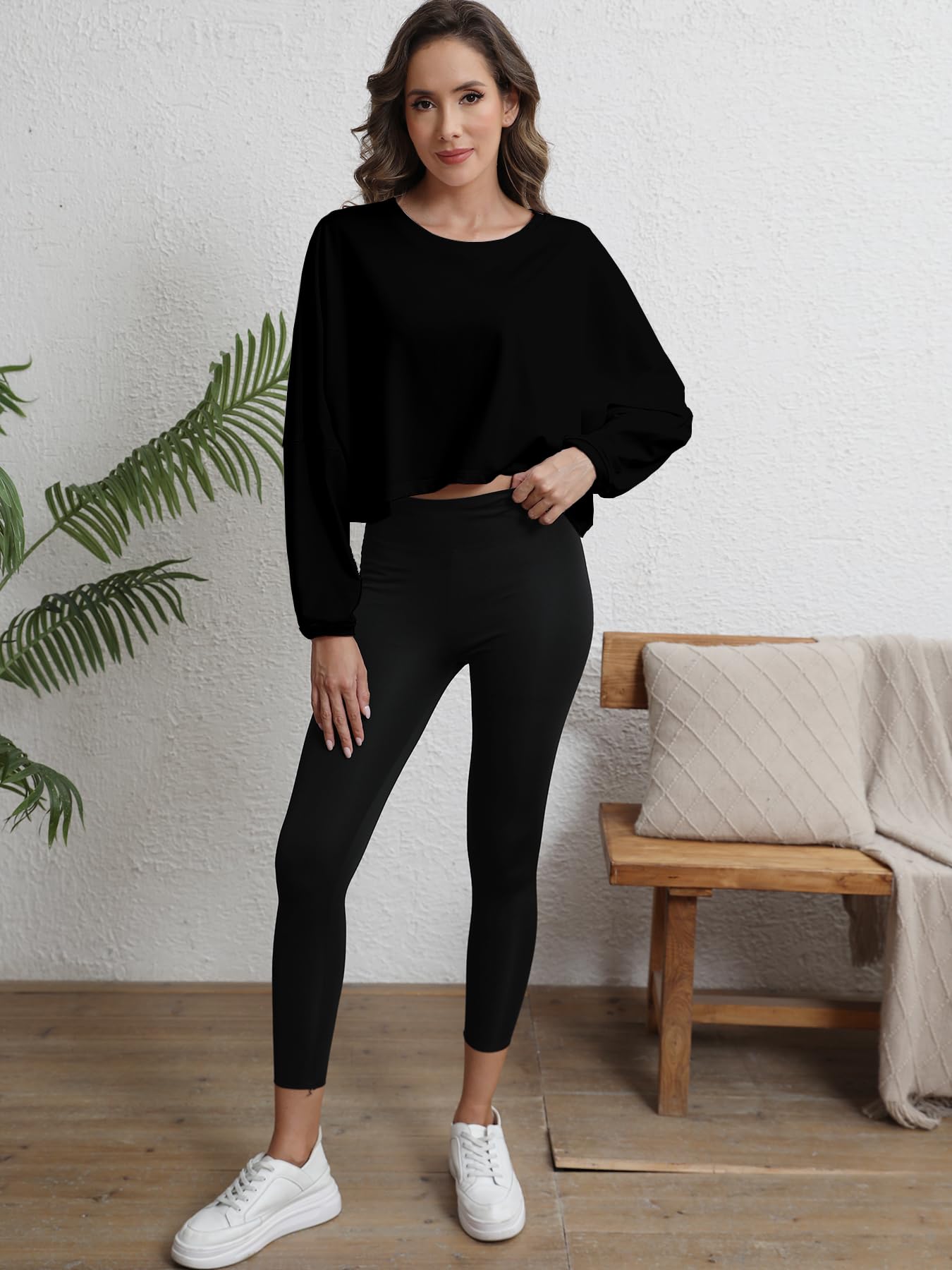 MATEAM Womens Cropped Sweatshirt Loose Fit Workout Tops - Crewneck Pullover Long Sleeve Casual Fashion Sweaters for Yoga Gym Fitness Black M