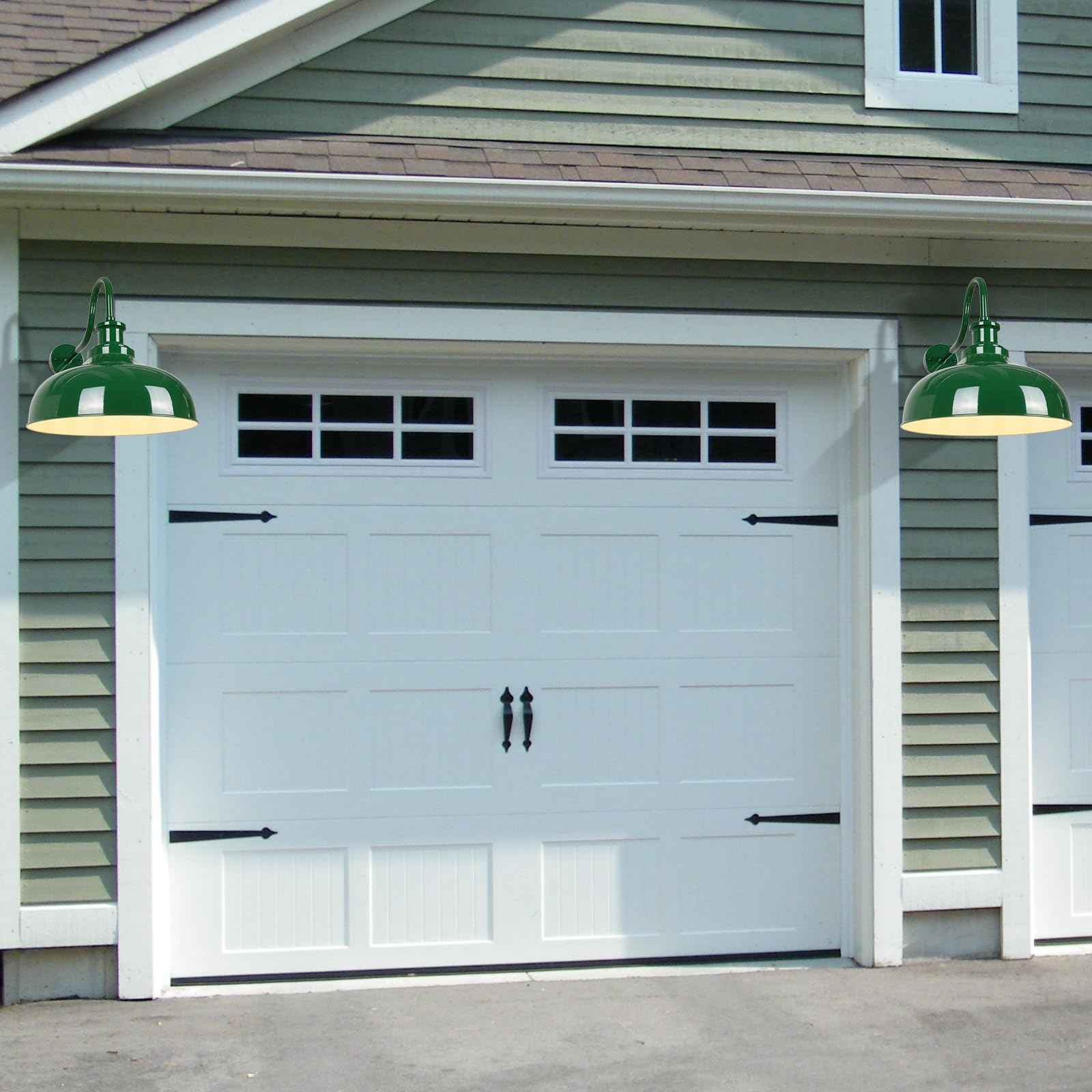 Diyel Outdoor Gooseneck Barn Light, 14 Inch Dome Rustic Outdoor Wall Sconce, Farmhouse Exterior Wall Mount Lighting Fixture, Industrial Green Wall Lantern for Porch, Entryway, Garage, RZ007M GR+WH