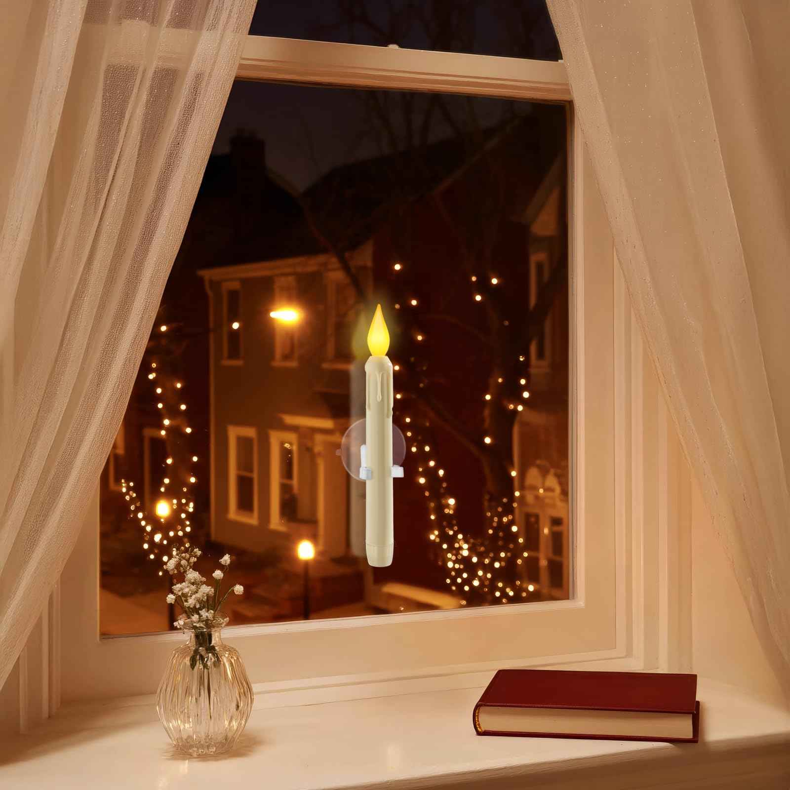 Meigic 6 Pcs Sensor Dawn to Dusk Window Candles, Flickering Battery Candles for Windows, Ultra Bright Fake Candle Lights with Suction Cup, Led Candlesticks for Xmas Home Decor, Warm Yellow Light