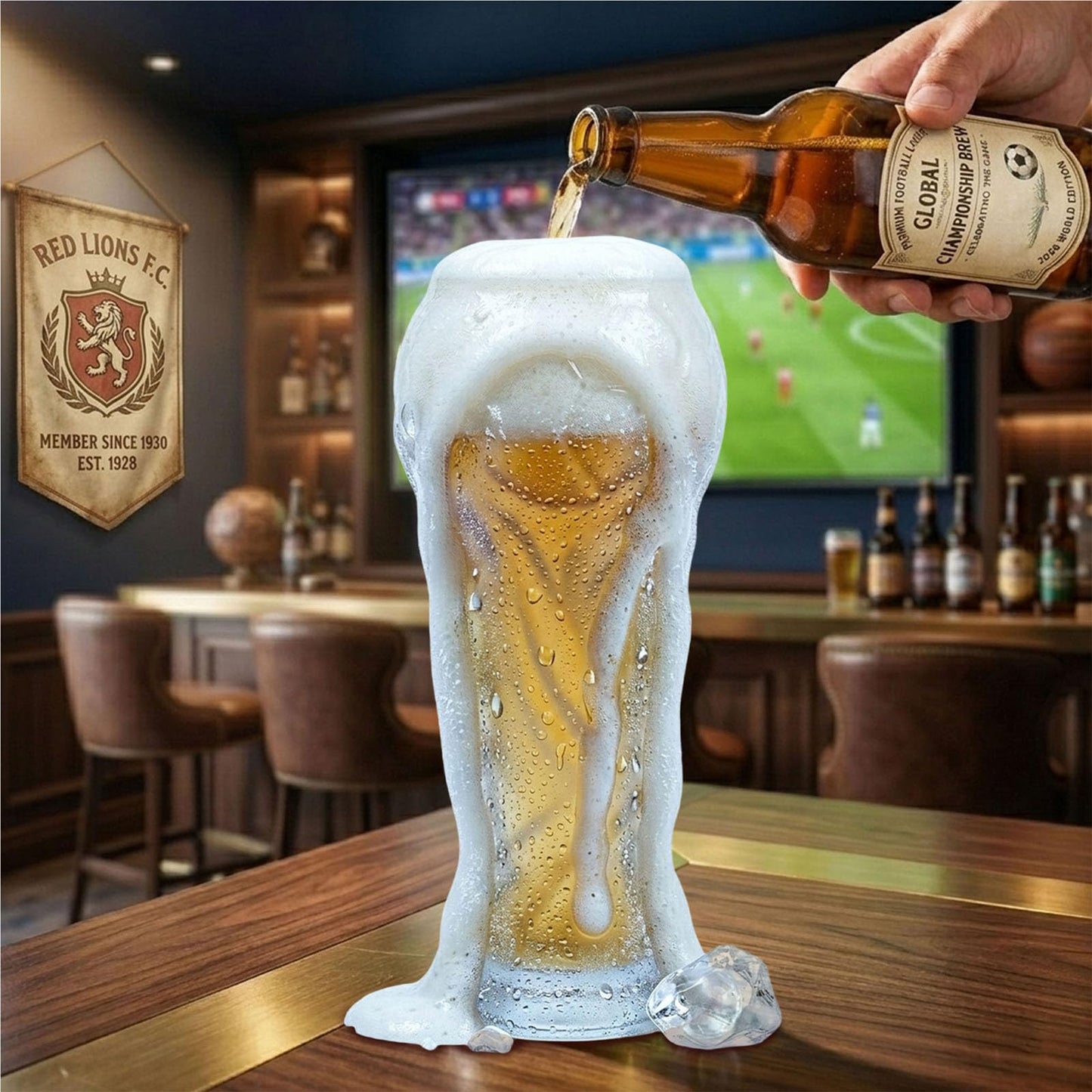 EXQUILEG Soccer Trophy Beer Glass - 16.9oz Durable Glass - Elegant Football Gift for Men, Dad, Father's Day, Birthday & Game Day - Perfect for Everyday Enjoyment (Clear)