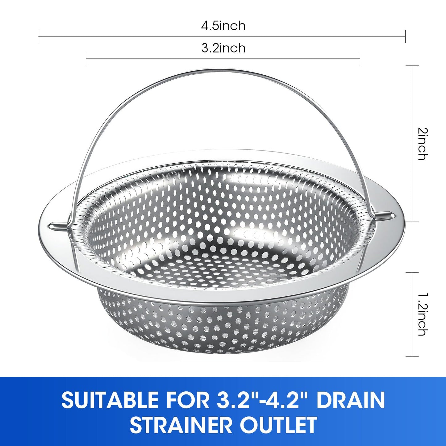 2 Pack 4.5" Kitchen Sink Strainer with Handle,Stainless Steel Sink Drain Strainer Basket, Kitchen Food Catcher for Sink Drain, Anti-Clog Design, Fast Flow, Dishwasher Safe.