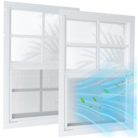 2 Pack 14"x21" Sliding Shed Windows, Chicken Coop Windows - White Flush Mount w/Removable Screen & Tempered Glass, Small Windows Suitable for Coops, Garages, Playhouses, Trailers