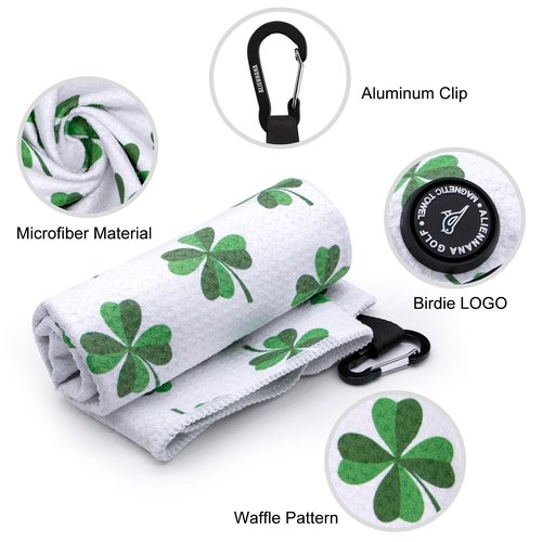 Aliennana Magnetic Golf Towel, Microfiber Waffle Design with Clip - Industrial Strength Magnet for Strong Hold to Golf Bags, Carts Clubs (Lucky Clover)