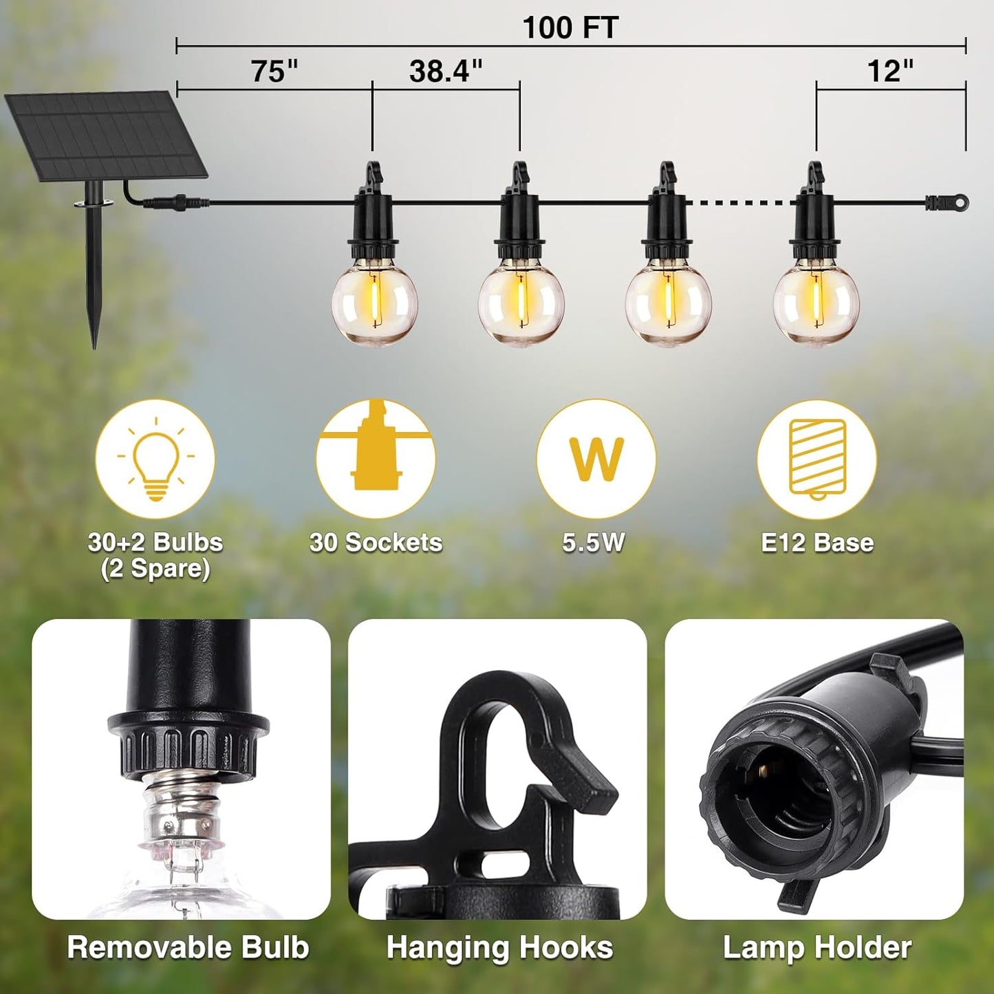 100FT Solar Powered String Lights with Remote - Waterproof G40 Patio Lights, 30 Shatterproof Bulbs, 3 Modes for Camping & Backyard