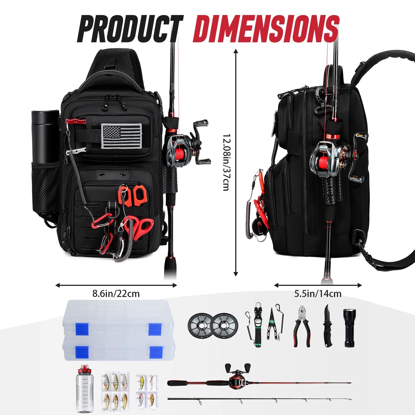 oinitiry Fishing Sling Bag, Fishing Bag With Rod Holder Fixed Stickers, MOLLE System, Soft Bait & Gear Storage, Gift for Men Black