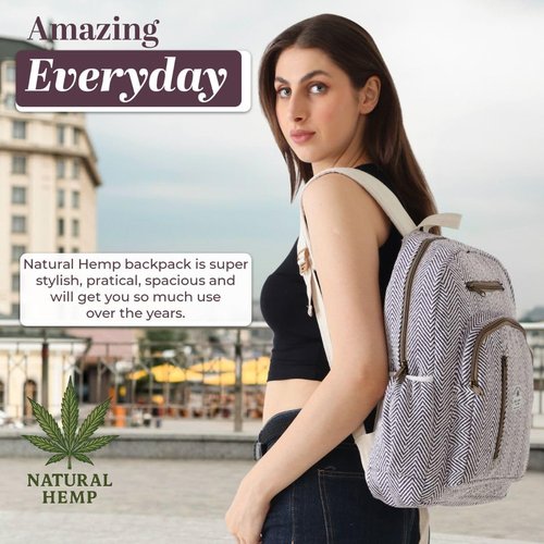 CRYSTALBYPC Hemp Cotton Backpack | Handmade Himalayan Daypack | 15L Medium | Beige | Lightweight Water-Repellent with 3 Compartments for Daily Casual Use
