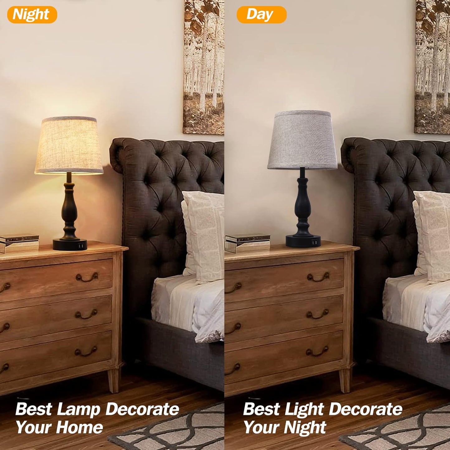 Touch Bedside Table Lamps Set of 2 with USB C+A Ports - 3-Way Dimmable Linen Shade