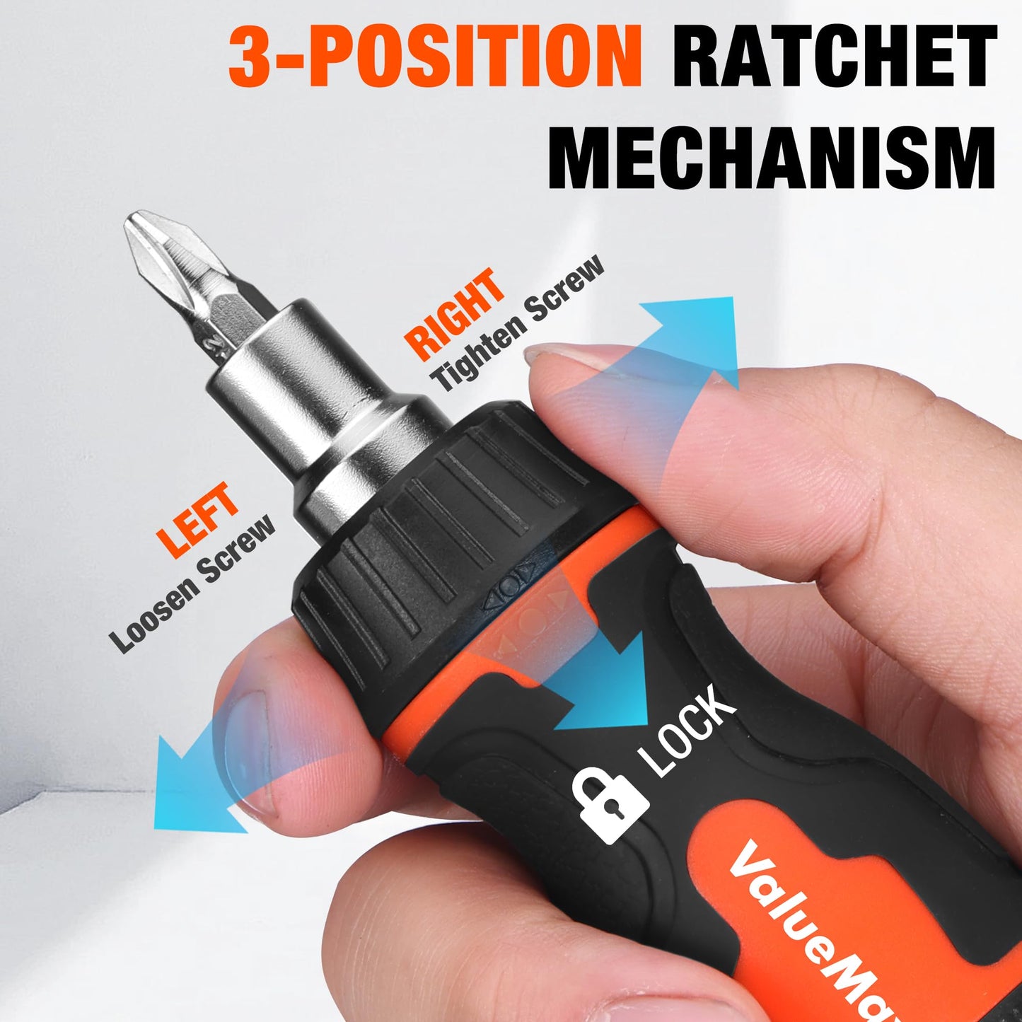 ValueMax 8-in-1 Stubby Ratcheting Screwdriver, Multi-bit Screwdriver, Quick-load Mechanism, Adjustable Magnetic Tool with Phillips, Slotted, Torx Screw Driver Bits and 1/4" Nut Driver