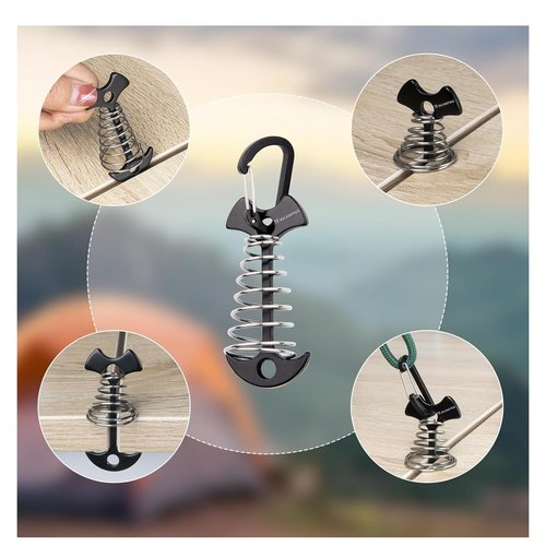 Deck Anchors with Carabiners XINCAMPING 12pcs Aluminum Deck Tie Down Anchor, Fishbone Stake Tent Stakes,Windproof Rope Tighteners & Adjusters for Tents, Canopies, Camping Furniture Black