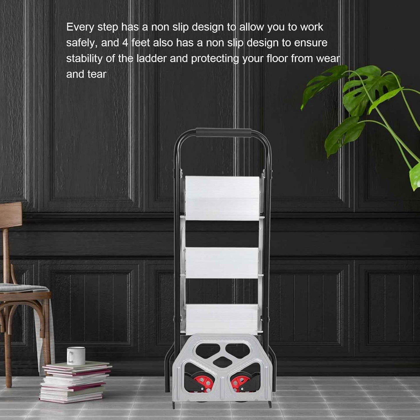 3-Step Folding Ladder Aluminum Alloy Non-Slip Steps Space Saving Stool Cart 150kg Capacity for Home Garage Kitchen