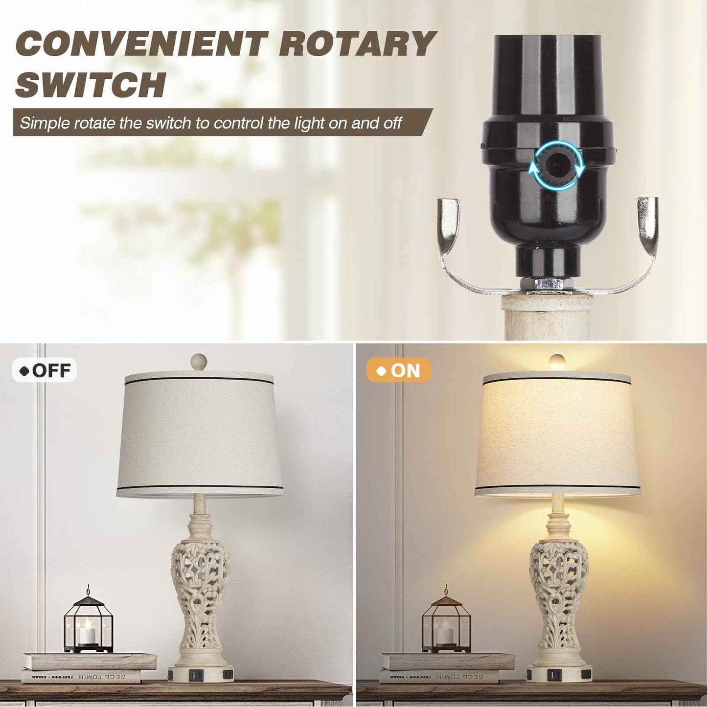 Rinweey Table Lamps Set of 2, Farmhouse Table Lamps with Nightlight, Rustic Bedside Lamps with Dual USB & AC Outlet, 25.2'' Beige Vintage Nightstand Lamps for Bedroom Living Room, Bulbs Included