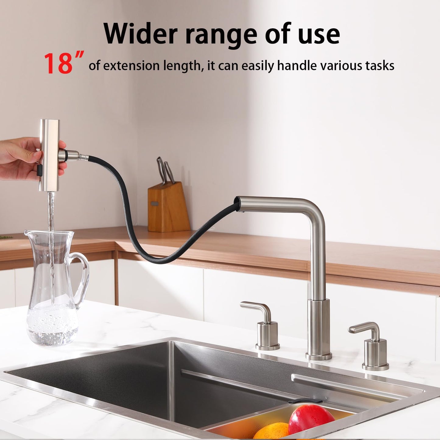 Kitchen Sink Faucet for 3 Hole with Pull Down Sprayer - 8 inch Two Handle Widespread Kitchen faucets Set with Pull Out Sprayer for Sink- Stainless Steel Brushed Nickel 3 Piece Faucet for Kitchen Sink