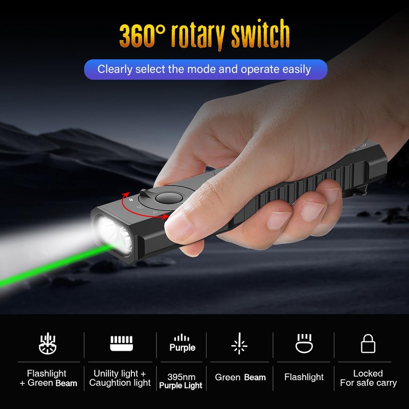 DEFENTAC 1300 Lumens Aluminum EDC Flashlight with Green Beam, Purple LED, Utility and Caution Light, Rechargeable Portable Pocket Light with Strobe, Five Lights in One for Emergency