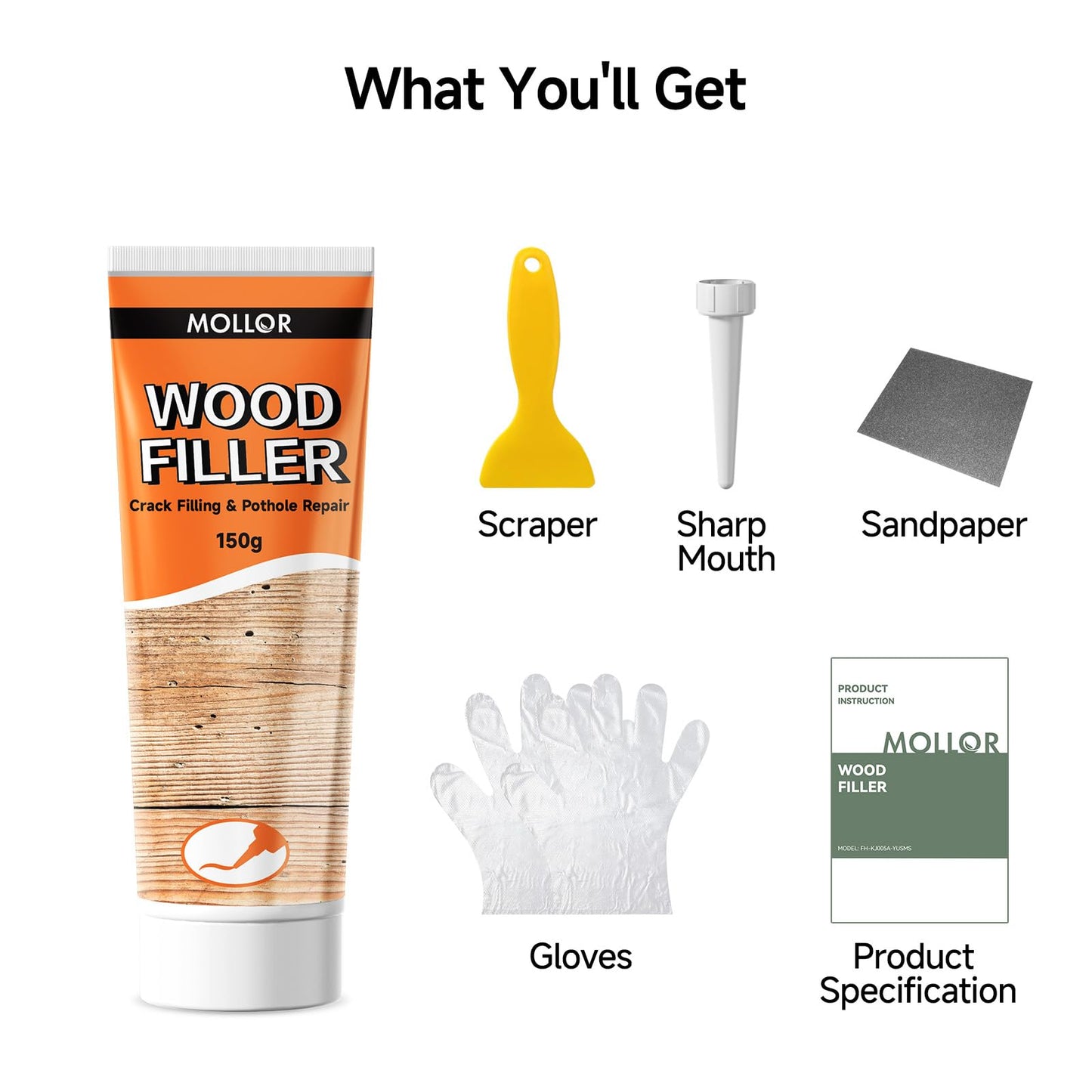 Mollor All Purpose Wood Filler, White Wood Putty Repair for Holes, Quickly Restore Any Broken and Defective Wooden Furniture, Door Frame Repair Kit Stainable (5.29oz/150g)