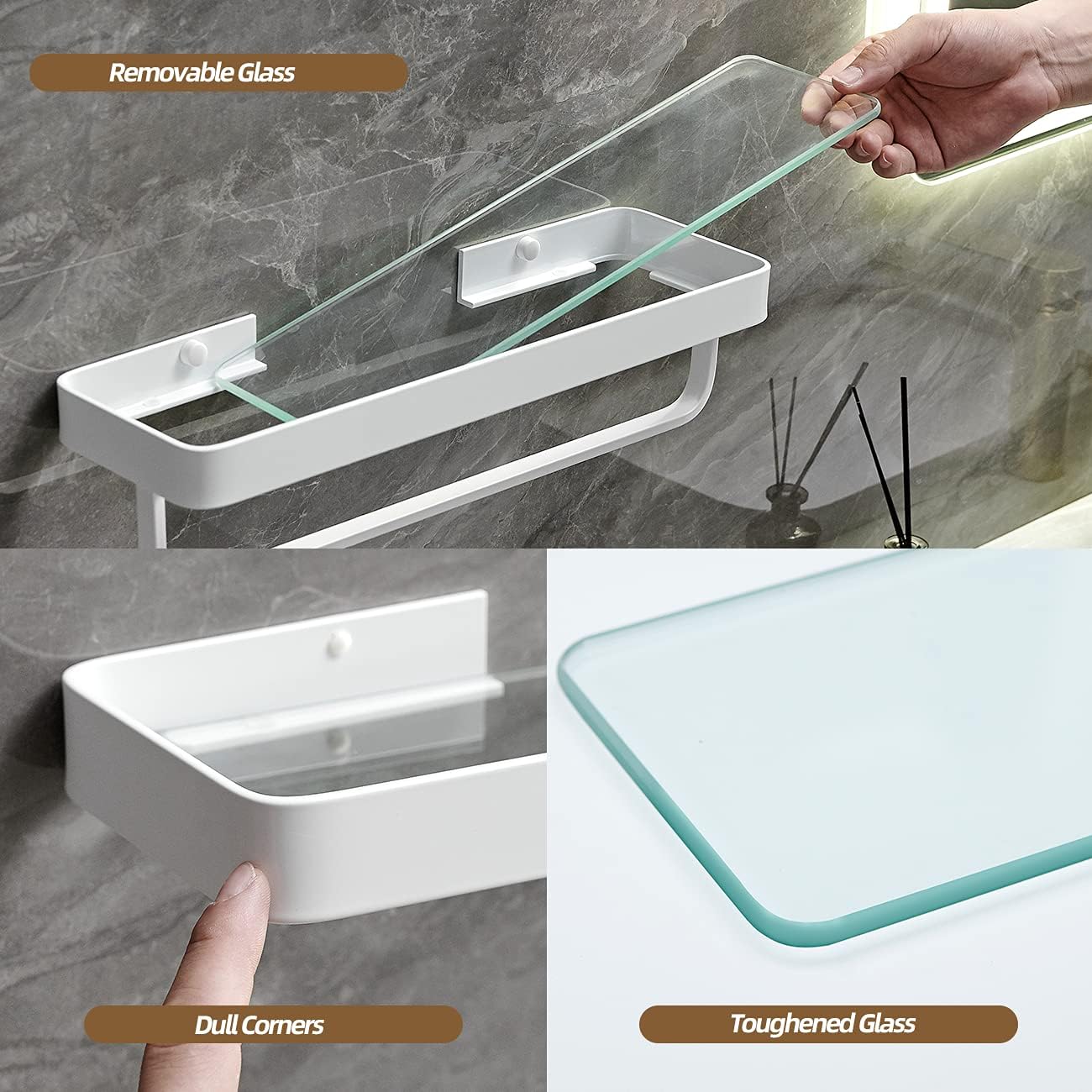Wall Mounted Glass Bathroom Shelves - 2-Tier Floating Organizer in Black