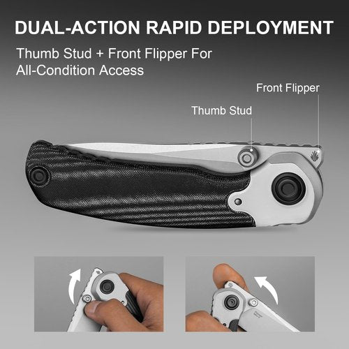 Kizer Pioneer Pocket Knife, 3.2”Nitro-V Drop Point Steel Blade Folding Pocket with Black Aluminum & Micarta Handle, Thumb Stud Flipper Knife with Liner Lock, EDC Knives for Camping Hiking ZX-FK03A6