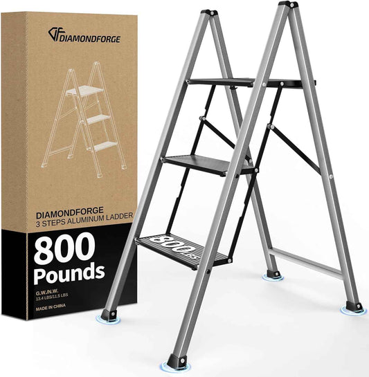 DIAMONDFORGE 4-Step Folding Ladder - Sturdy Steel Construction, Anti-Slip Pedals & Feet, Handgrip - Home Use, White & Red