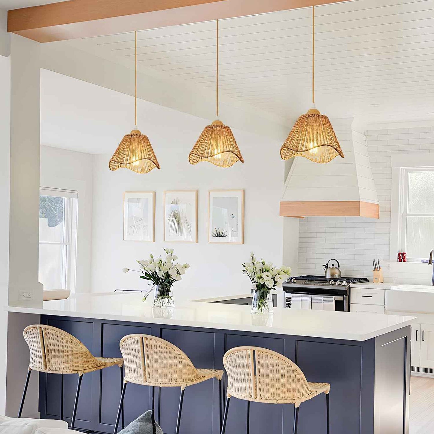 Rattan Chandelier Pendant Lights - 3 Pack Adjustable Height Boho Farmhouse Ceiling Fixtures for Kitchen & Dining Room