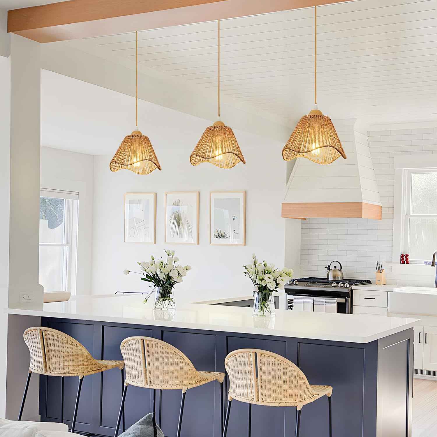 Rattan Chandelier Pendant Lights - 3 Pack Adjustable Height Boho Farmhouse Ceiling Fixtures for Kitchen & Dining Room