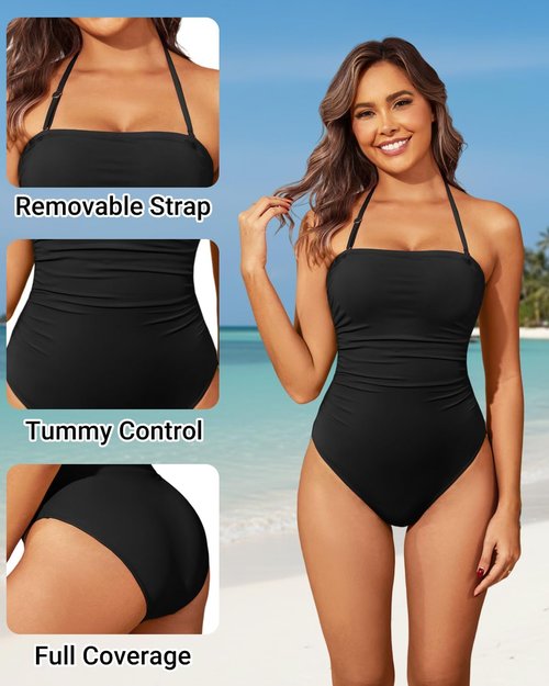 Holipick One Piece Swimsuit - Tummy Control Strapless Bandeau Design | Slimming Halter Bathing Suit