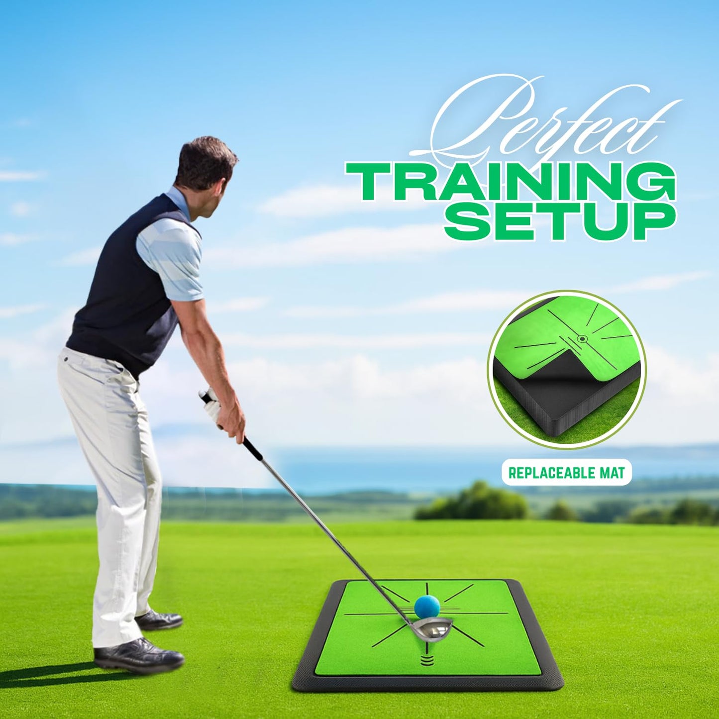 Golf Hitting Mat with Dual-Turf & Swing Feedback, Portable Golf Practice Mat with Anti-Slip Base for Indoor/Outdoor Use, Includes Ball Tray, 5 Balls & 2 Tees, Perfect Golf Mat for Chipping & Driving