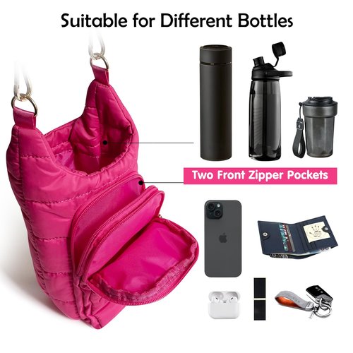 heluqu Water Bottle Carrier Bag - Quilted Crossbody Water Bottle Holder with Strap, Stylish Puffer Tote Bag for Water Bottle, Water Bottle Sling Bag for Outdoor Travel, Hot Pink