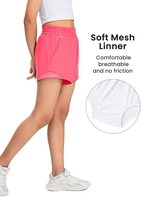 Somaibo Girls Athletic Shorts with Liner Quick Dry Running Soccer Shorts with Zip Pockets for Kids Active Sports Volleyball 11-12 Years Bright Red