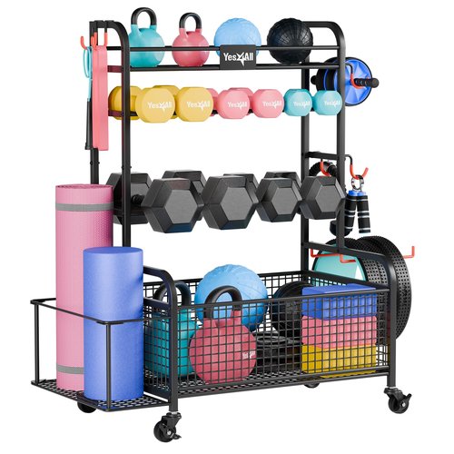 Yes4All Dumbbell Rack, Weight Rack for Home Gym, Sports Equipment Organizer for Dumbbells Kettlebells Yoga Mat Foam Roller and Balls, All in One Gym Workout Storage with Basket, Wheels and Hooks