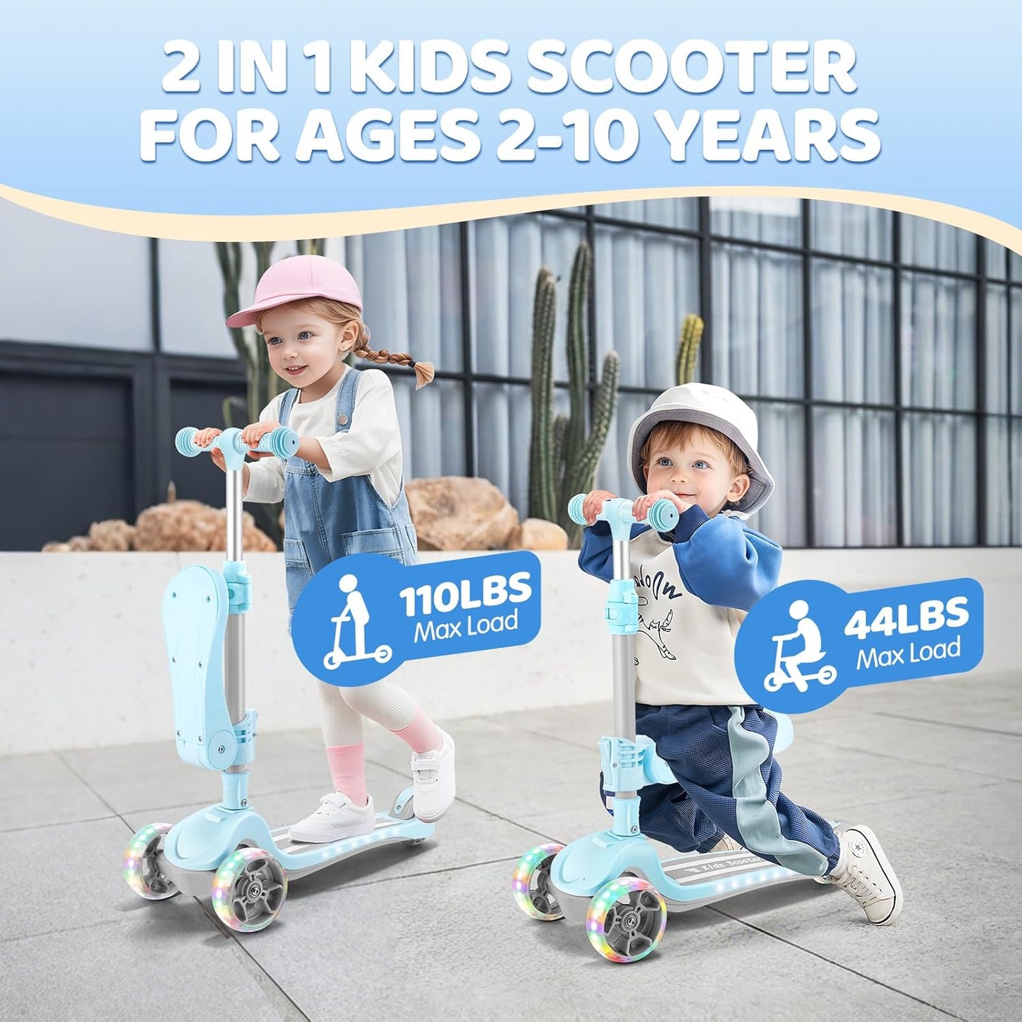 Skiennix Kids Scooter - 2-in-1 Kick Scooter with LED Light-Up Wheels | Adjustable Heights for Ages 2-8