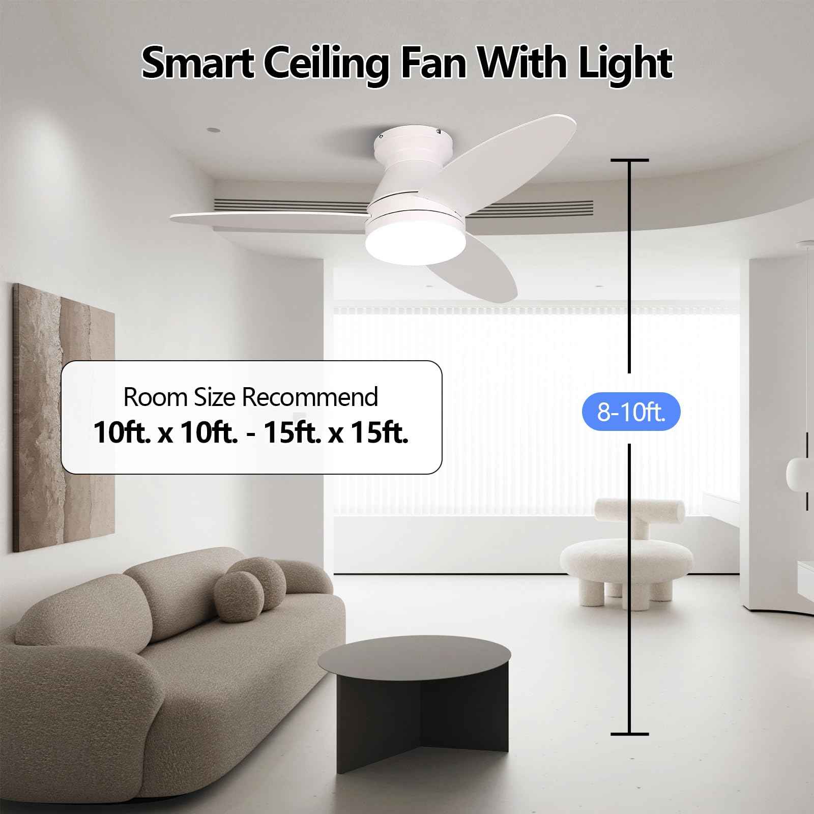 Le Breeze Luxus Flush Mount Ceiling Fans with Lights 42 Inch, 3 Blade LED Low Profile Ceiling Fans with Remote for Bedroom Living Room Patio, Dimmable, 3CCT, Quiet Reversible DC Motor, White