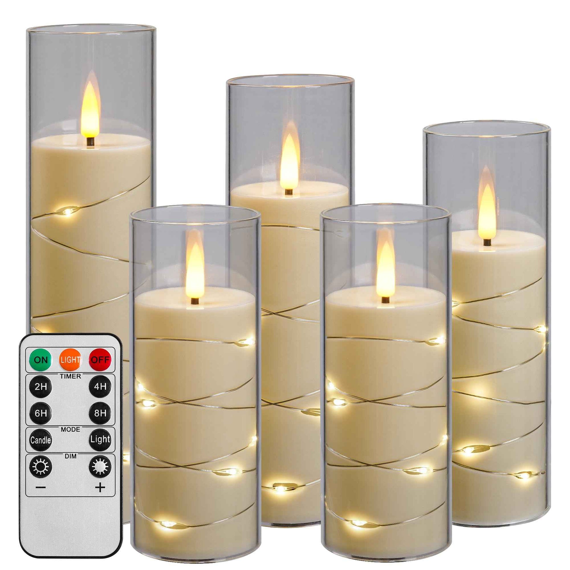 Da by Flickering Flameless Candle with Embedded Star String ，Acrylic LED Pillar Candles with 11-Key Remote Control and Timer，Battery Operated Candles, Ivory, Set of 5(D2.3×H5“/5“/ 6”/7“/8”)