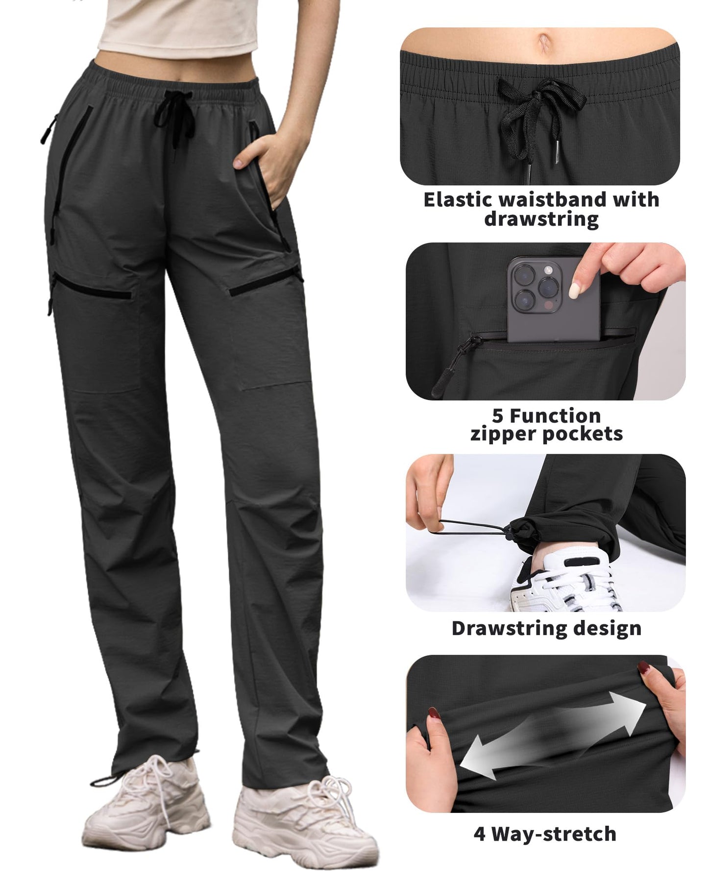 FLEFRM Womens Hiking Pants Quick Dry Tall Insteam 29"/32"/34"/36" Water Resistant Lightweight Cargo Pants with 5 Pockets Insteam 34", Black, XL
