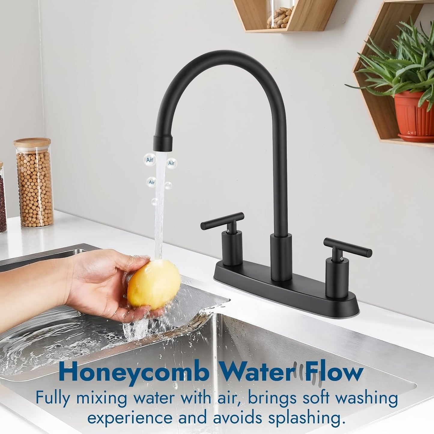 Brushed Nickel Kitchen Faucet with 360° Rotating Spout & Side Sprayer - 2 Handle, 8 Inch Centerset