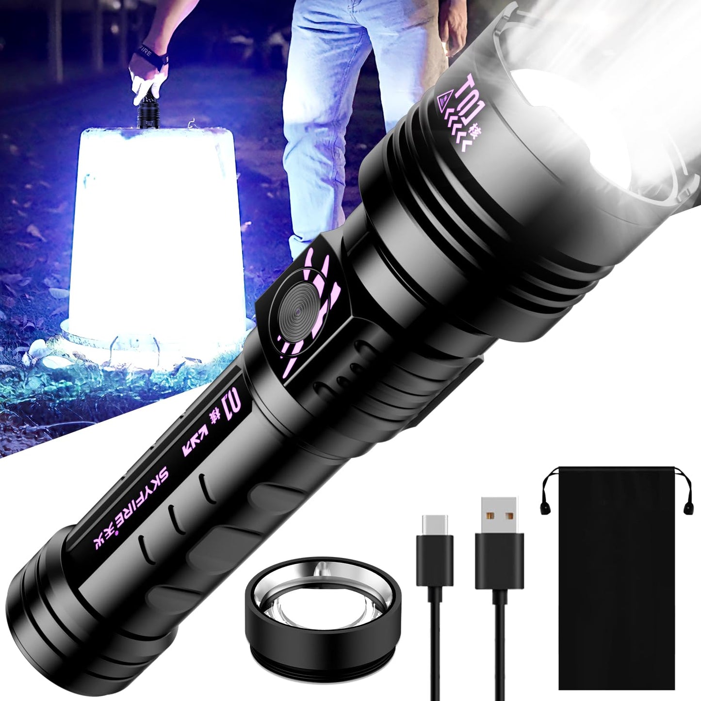 SKYFIRE Super Bright Tactical Flashlight Rechargeable 3000 High Lumens LED Flashlights with Ignition Lens 5 Modes Zoomable Waterproof Powerful Flash Light Camping Emergency Gift Father's Day