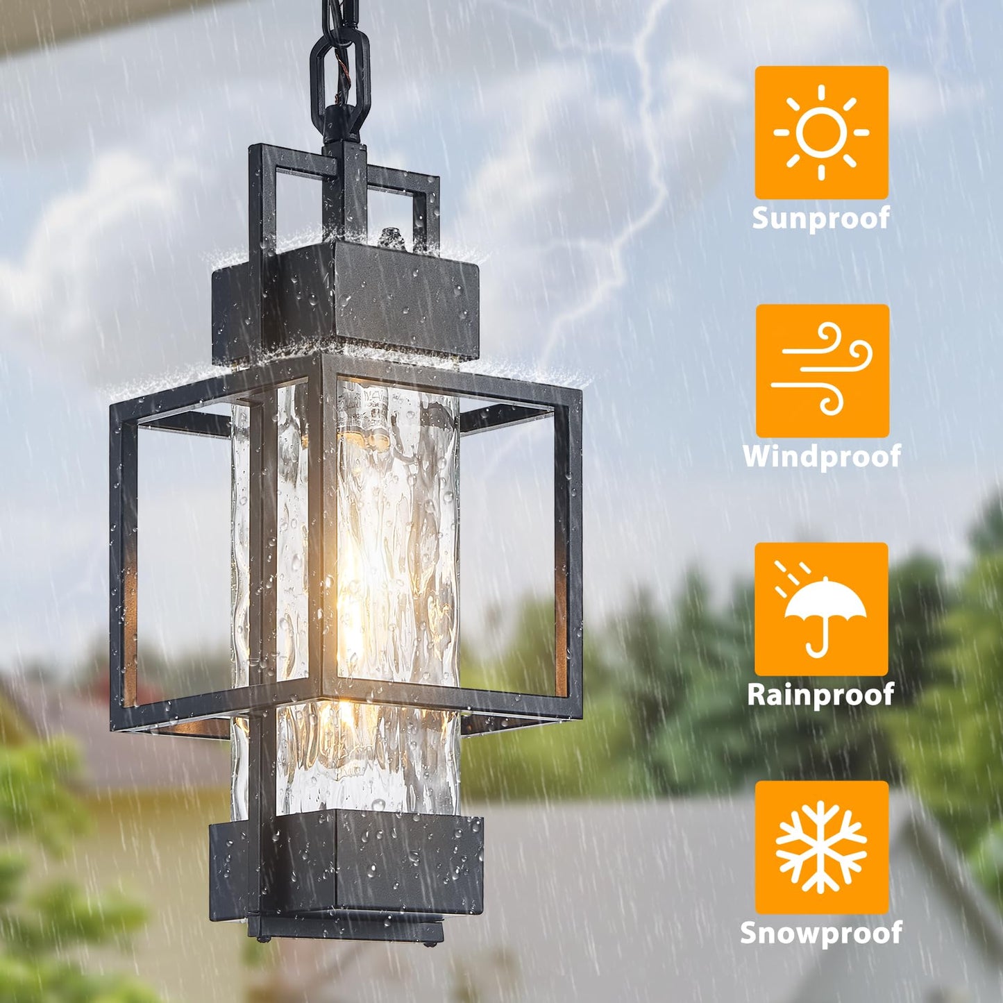 AIBISOD 17" Outdoor Chandelier Pendant Light Fixture for Porch, Modern Black Dusk to Dawn Exterior Hanging Pendant Lantern with Water Glass, Bulb Included, Perfect for Front Porch Door Entrance Foyer