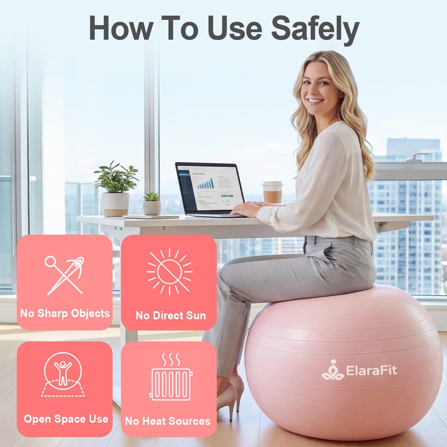 ElaraFit Anti Burst Large Exercise Ball for Yoga Non Slip Pilates Ball with Pump 550 lbs Capacity for Pregnancy, Fitness Size L 23 to 26 inches, About 58 to 65cm (Pink)