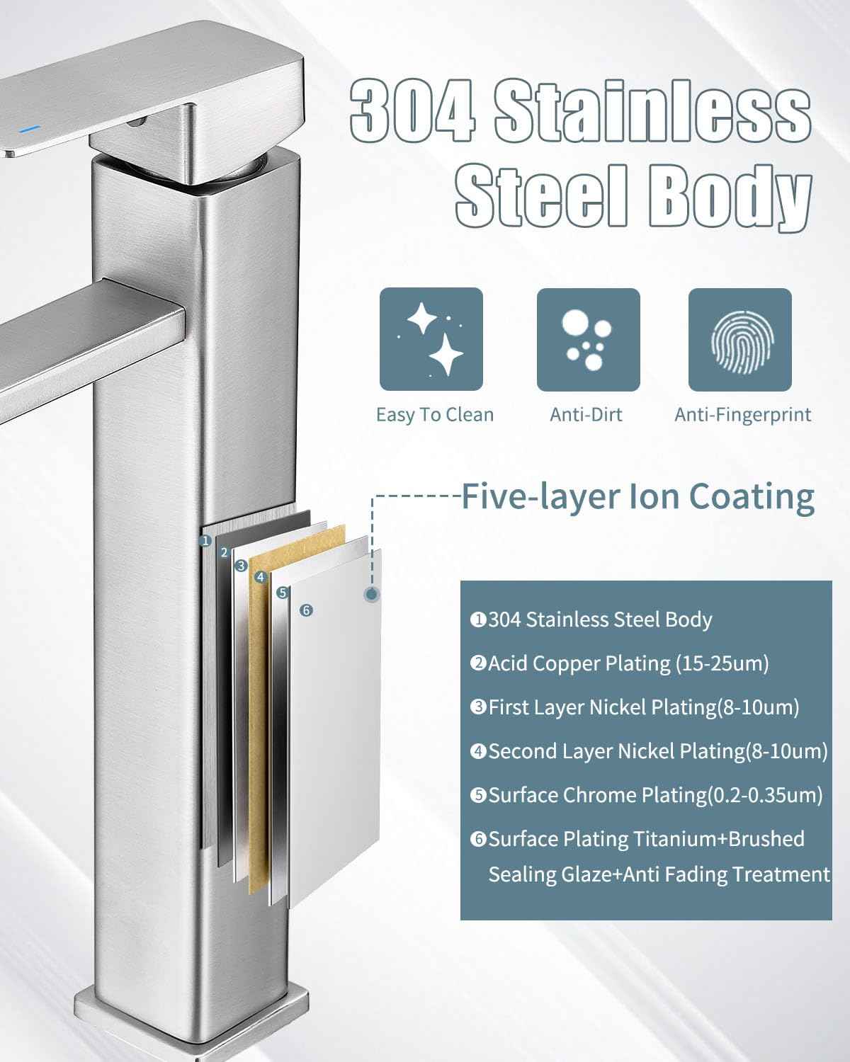 Casavilla Bathroom Faucet(2 Sets), Brushed Bathroom Sink Faucet Set with Pop Up Drain, Single Hole Single Handle High Barrel Sink Vanity, Stainless Steel Lead-Free