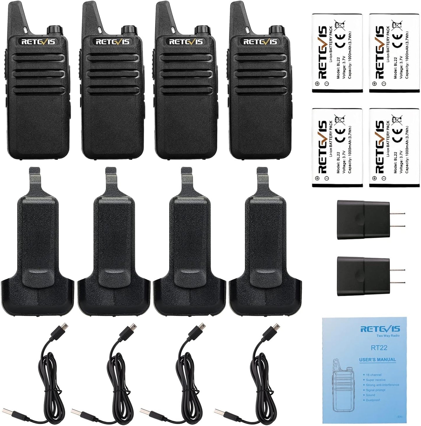 Retevis RT22 Two Way Radio - Long Range Rechargeable Walkie Talkies | Portable USB-C Charging (4 Pack)