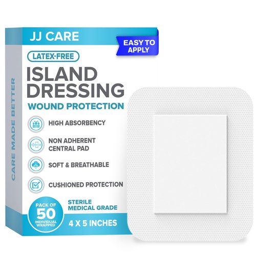 JJ CARE Adhesive Island Dressing [Pack of 50], 4x5 Sterile Bordered Gauze, Breathable Island Wound Dressing, Individually Wrapped Adhesive Gauze Bandages with Non-Stick Central Pad