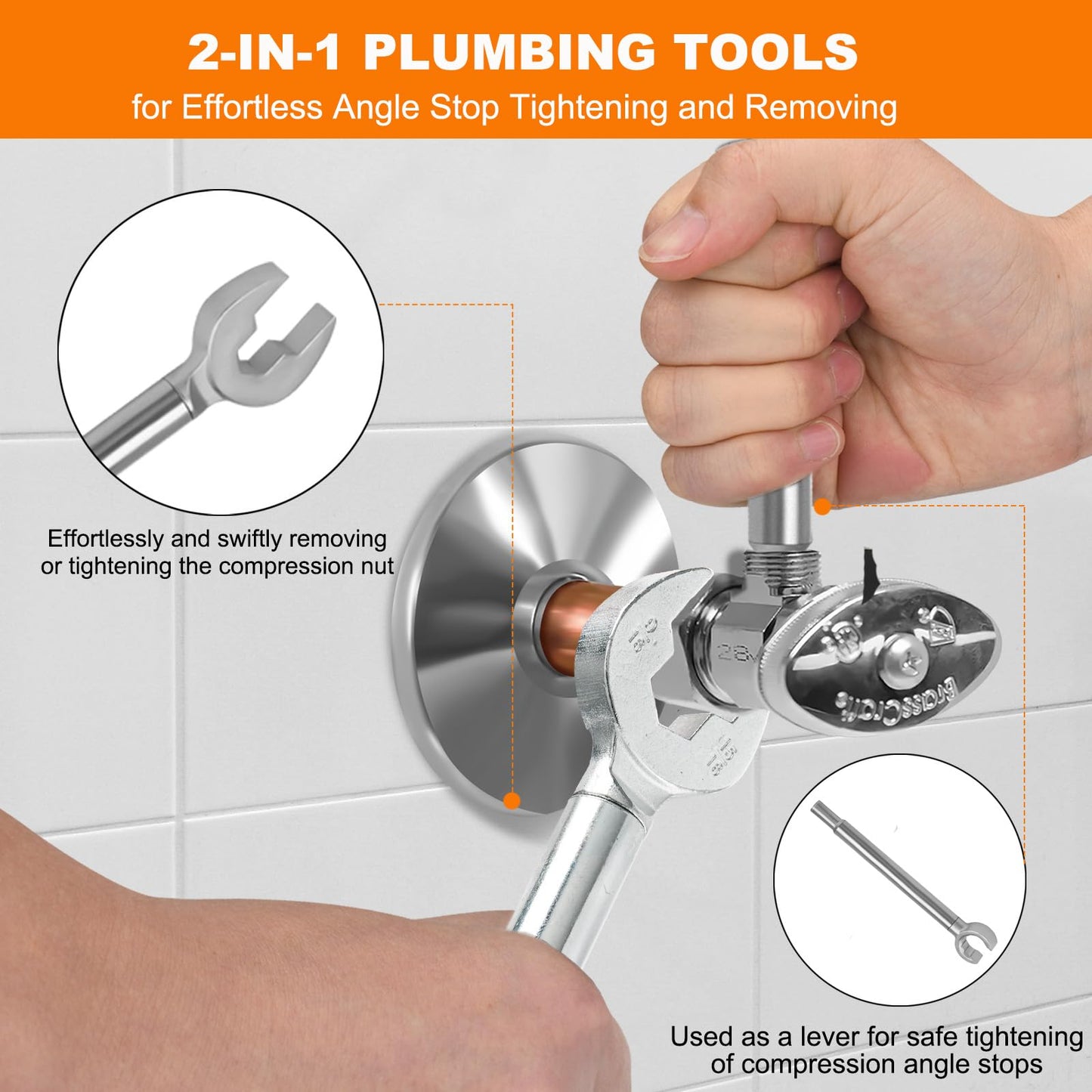 Miucoguier Plumber wrench, 2-in-1 Angle Stop Wrench for Angle Stops, Straight Stops, and Compression Couplings，Plumbing Tools for Faucet Nuts, and Spigots