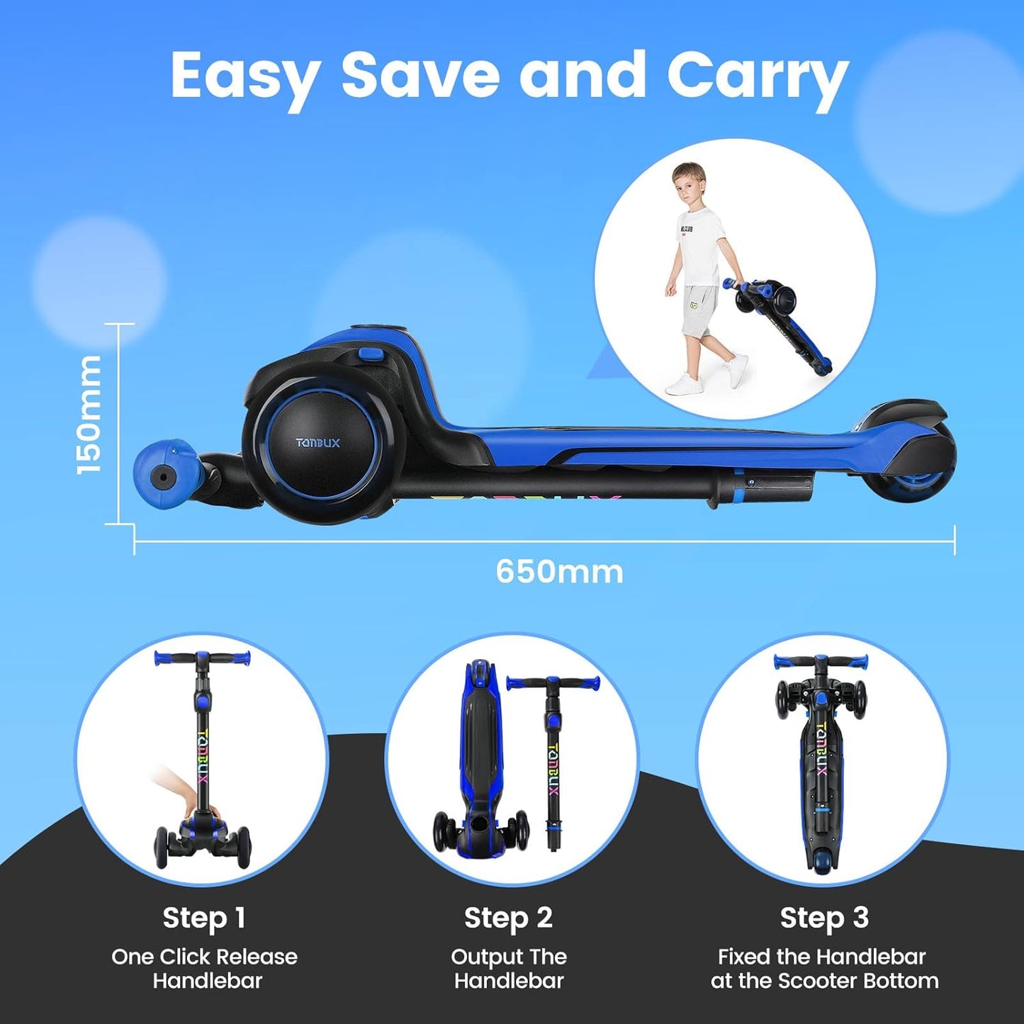 TONBUX Kids Scooter - Adjustable Height, Light-Up 3-Wheel Design | Shock Absorption & Balance Training for Ages 3-12