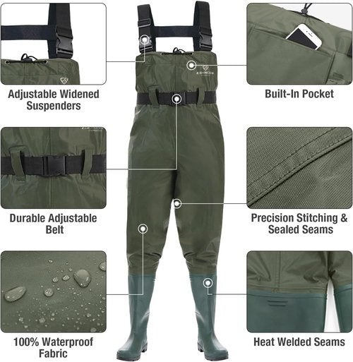 FISHINGSIR Fishing Waders - Waterproof 2-Ply Nylon/PVC Chest Wader with Boots for Men & Women