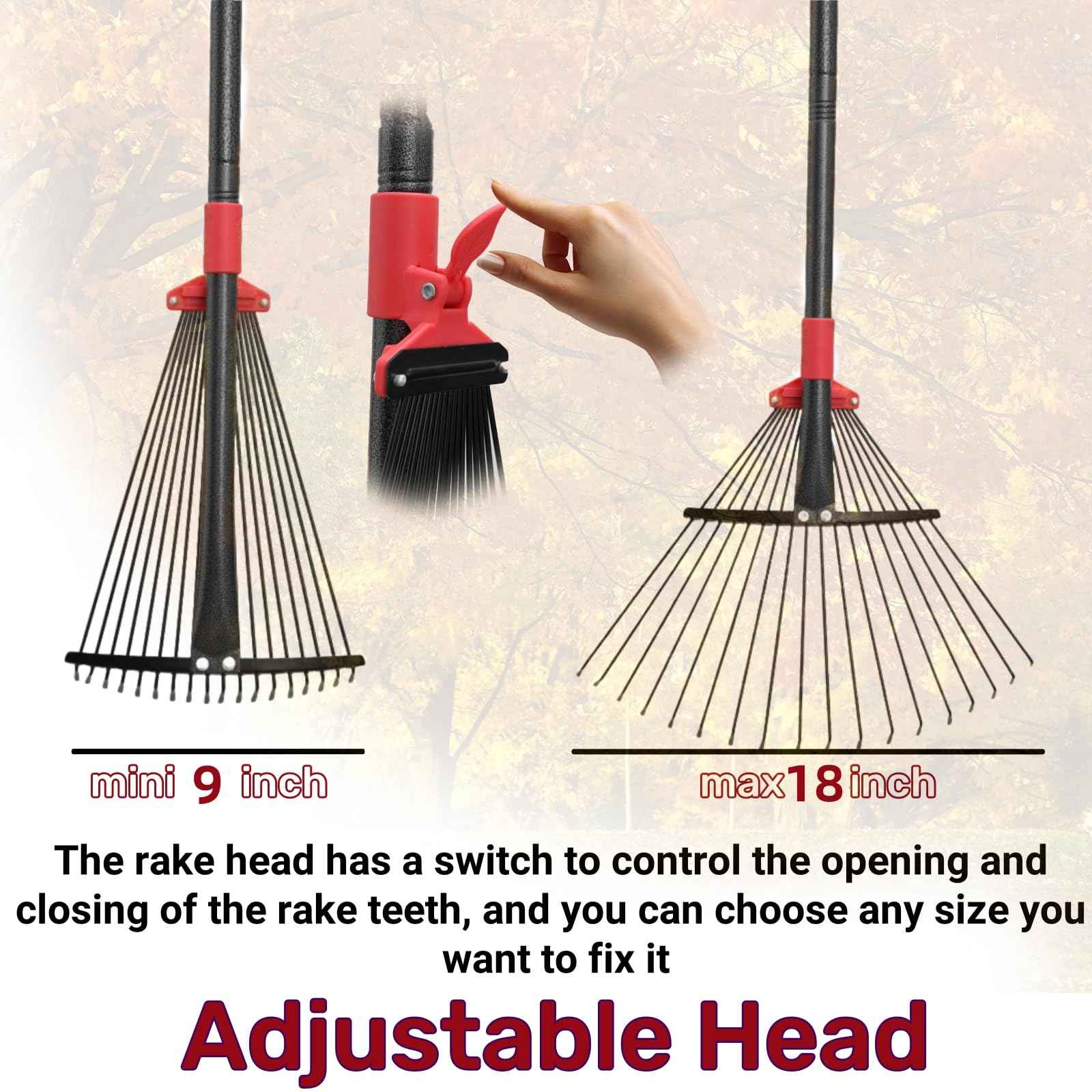 TAILERNRUYE 61 Inch Rake for Leaves , Adjustable 18 Tines with Expandable Head 9-18in Grass Rake Heavy Duty Metal Rakes for Women Children Yard Gardener Gardening Grass Debris Lawns