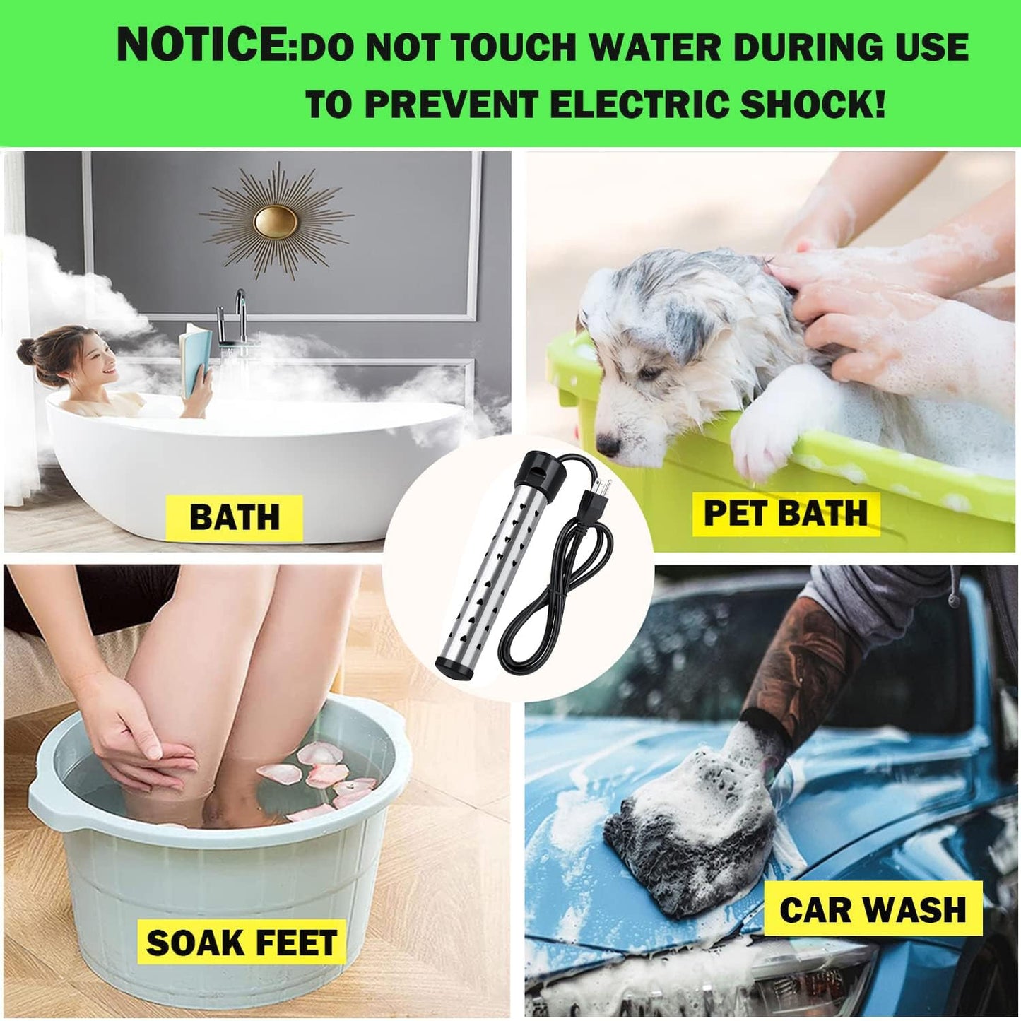 Lakkzoom Immersion Water Heater 2000W Portable Bucket Heater Stainless Steel Guard Anti-scalding Pool Heater for bathtubs,Camping,Portable Water heate Heat 5 Gallons of Water in Minutes