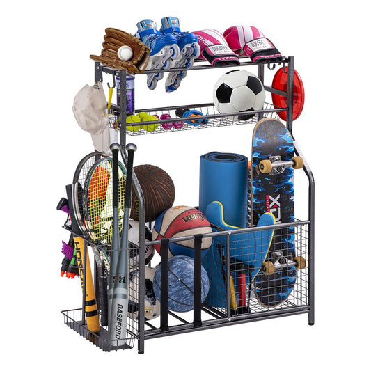 toutnd Garage Sports Equipment Storage Organizer with Baskets and Hooks - Easy to Assemble - Sports Ball Gear Rack Holds Basketballs, Baseball Bats, Footballs, Tennis Rackets and More (Black Rigid)