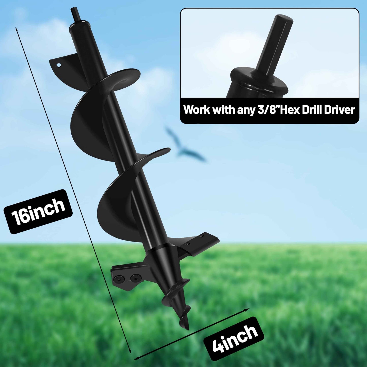 Lauyeboho 4x16 Upgraded Post Hole Auger - Auger Drill Bit for Planting,Spiral Drill Bit for Planting-Heavy-Duty Spiral Blade Garden Drill Bit for 3/8" Hex Drive Drill