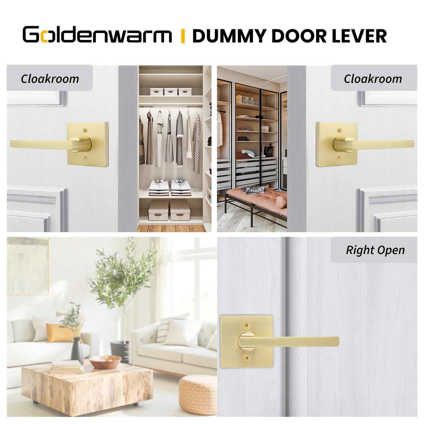 goldenwarm Gold Dummy Door Handles, No-Turning Brushed Brass Door Dummy Levers, Brushed Gold Dummy Handle（3 Pack）