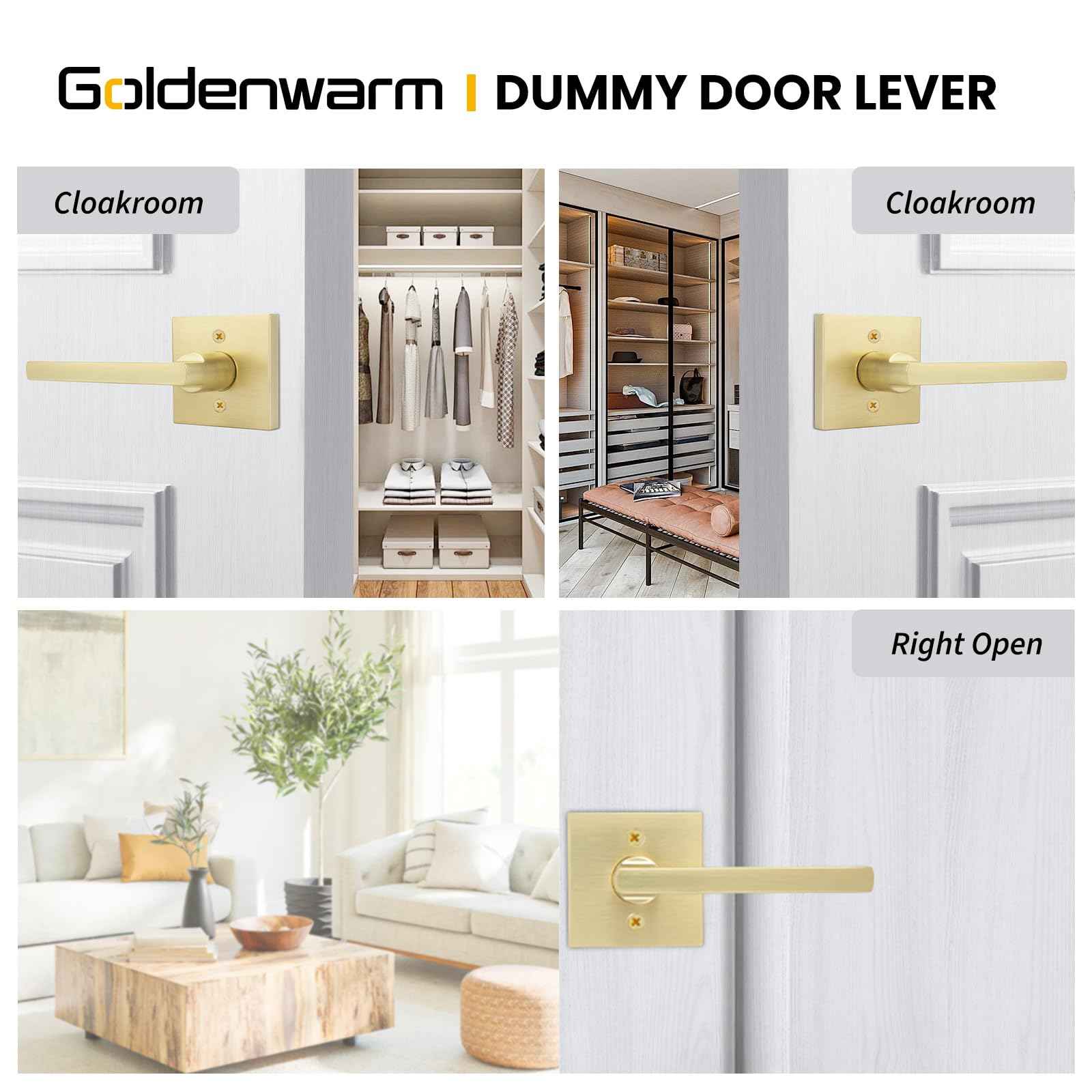 goldenwarm Gold Dummy Door Handles, No-Turning Brushed Brass Door Dummy Levers, Brushed Gold Dummy Handle（3 Pack）
