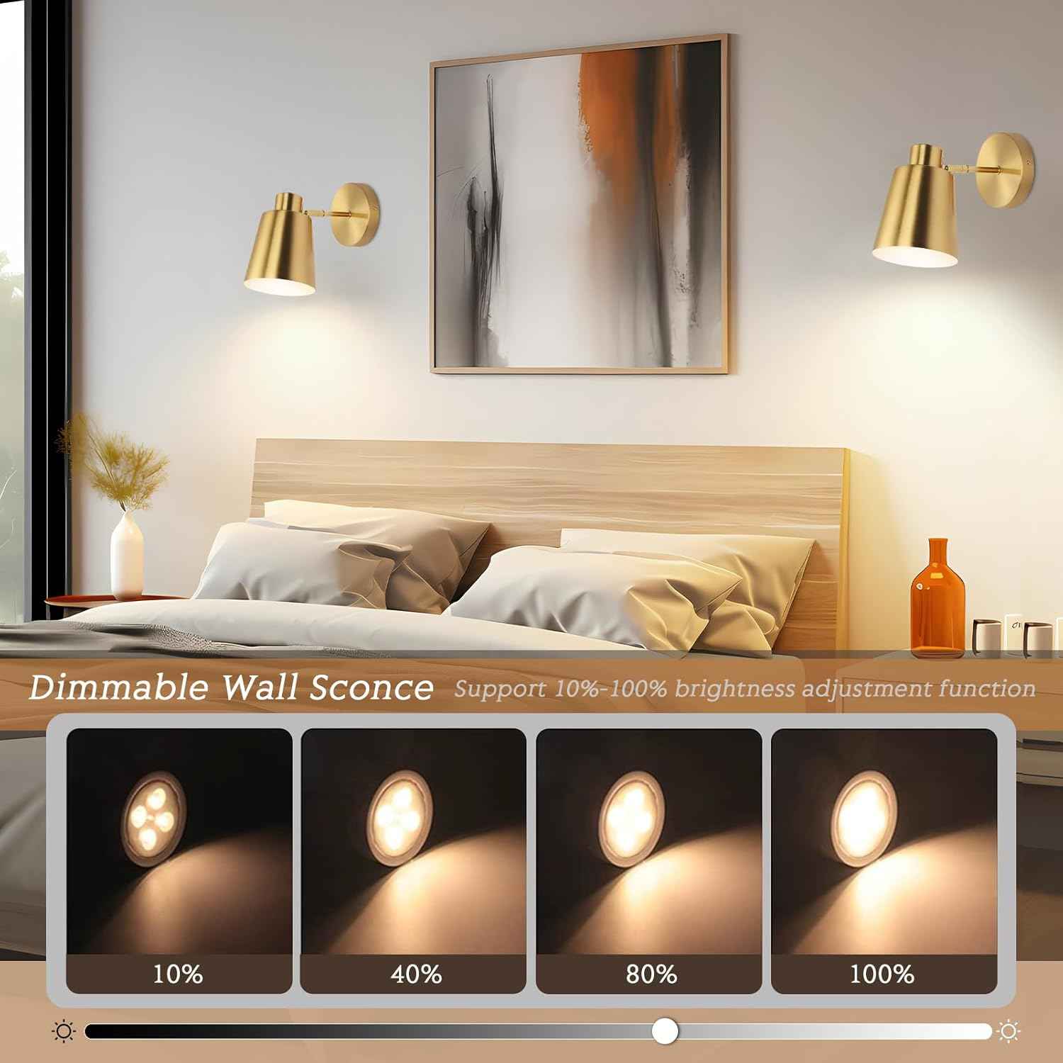 Battery Operated Wall Sconce Set of 2 - Modern Wireless Vintage Black & Gold Lamps with Remote Control for Living Room & Bathroom